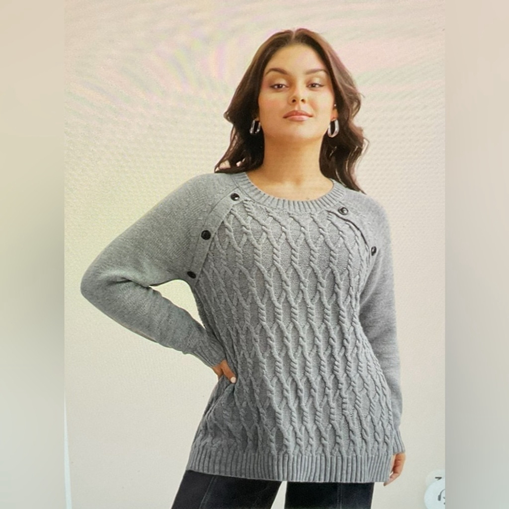 Gray Cable Knit Sweater with Button Detail